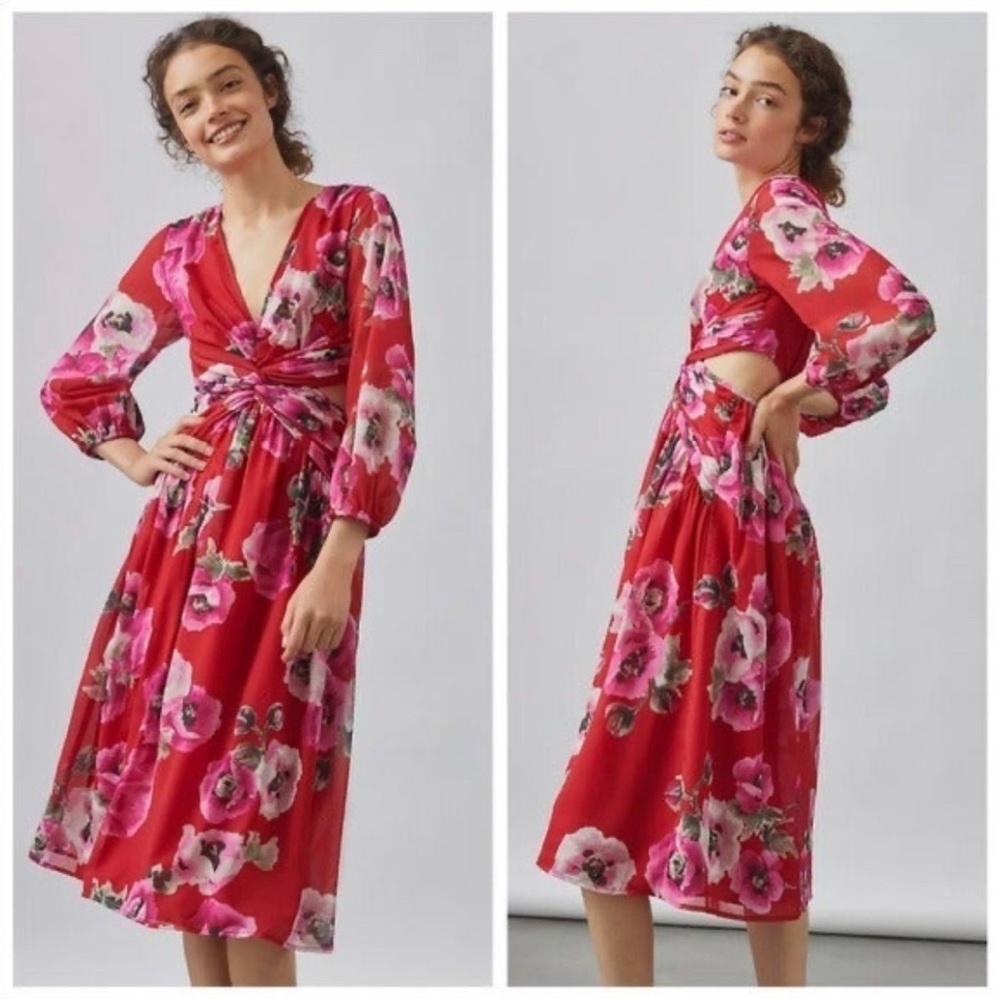 NWT Ranna Gill Red Floral Twist Front Midi Dress with Side Cutouts